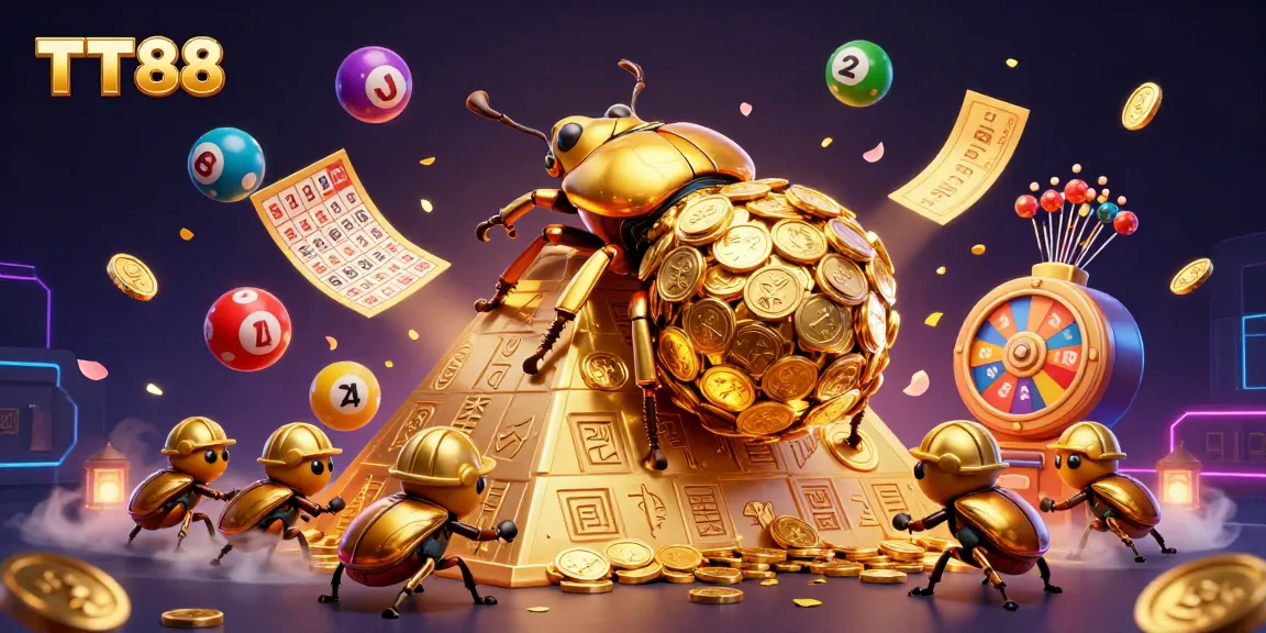 Engage with TT88's vibrant lottery scene, featuring golden beetles rolling coins and bouncing lottery balls.
