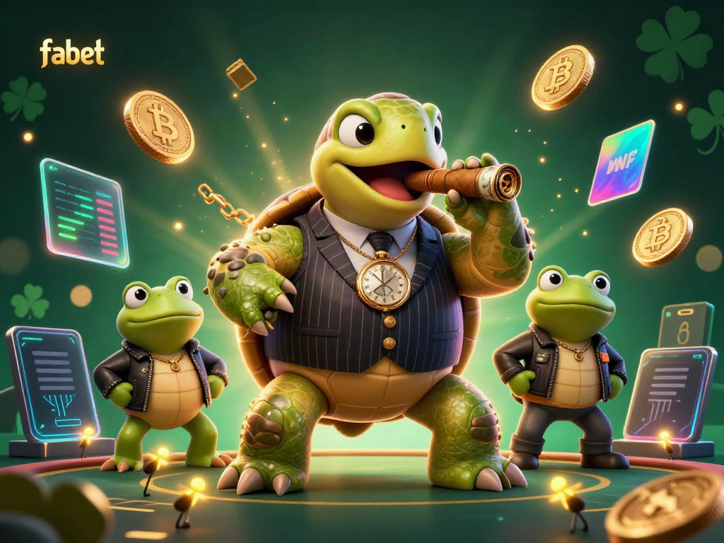 Experience fabet's thrilling casino scene with a mobster turtle and bullfrog enforcers amidst vibrant digital elements.