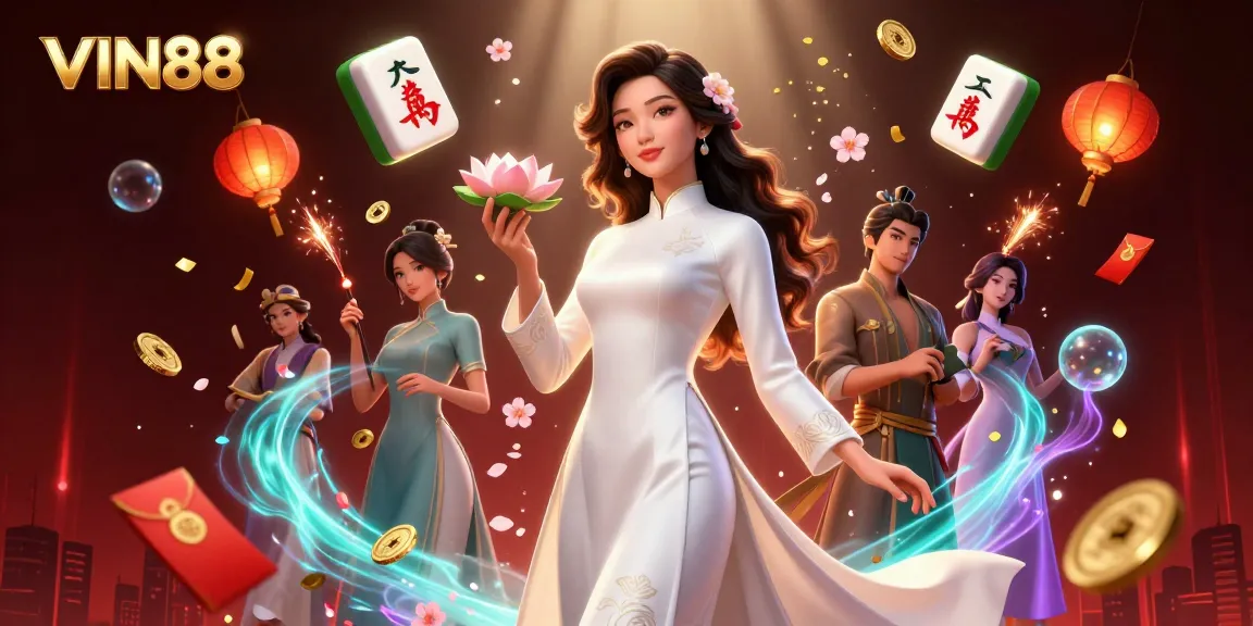 Engage with thrilling VIN88 online casino games featuring a serene Asian woman amidst festive decorations.