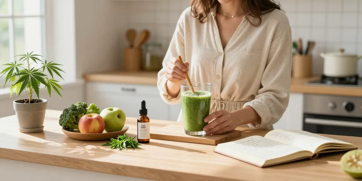 CBD oil and smoothie prep in a bright kitchen, promoting natural wellness with thc vape uk products.