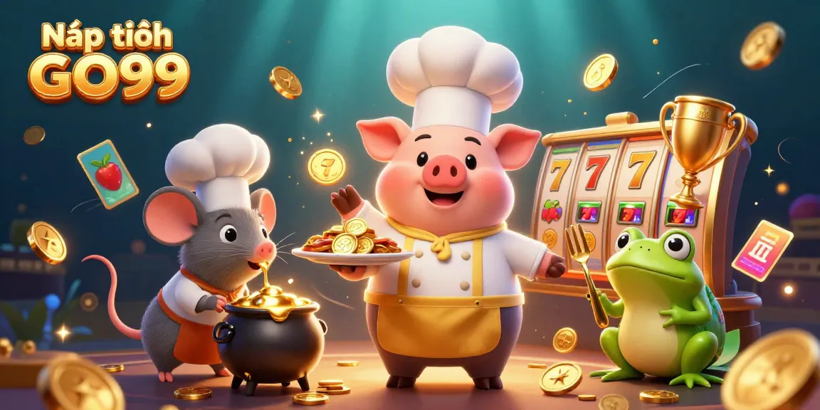 Experience Nạp tiền GO99 with a vibrant 3D illustration of casino elements and characters in action.