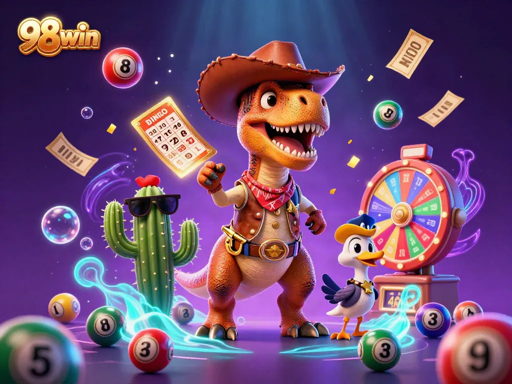 Play exciting casino games and win with 98win's vibrant illustration of engaging lottery elements.