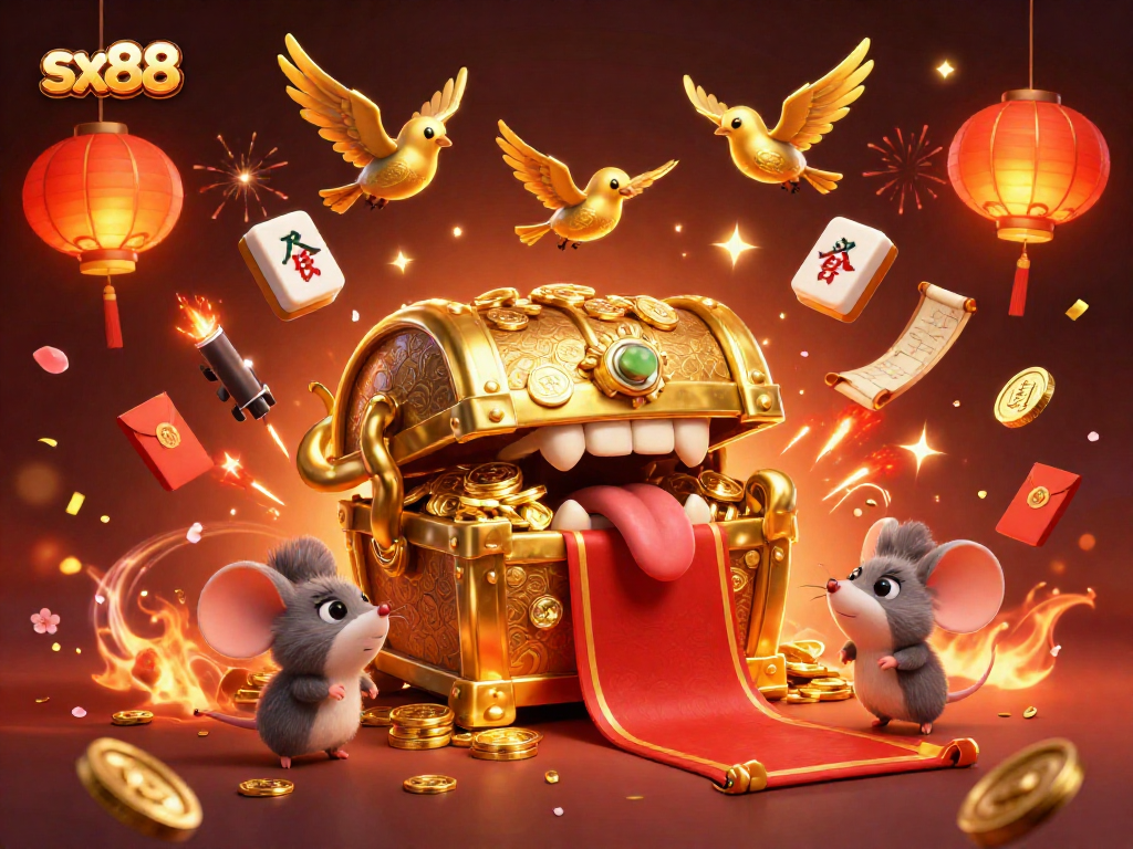 Experience the thrill of sx88 gaming with enchanting visuals of treasures and casino elements.