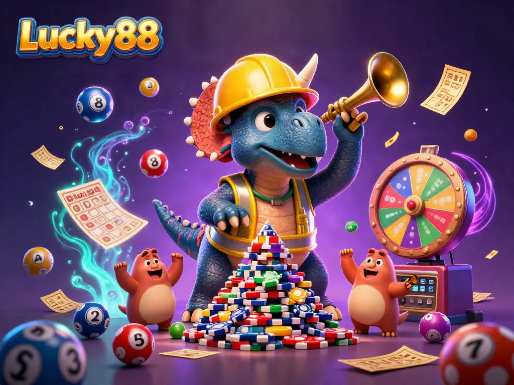 Experience the excitement of Lucky88's vibrant online gaming with cheerful characters and colorful casino elements.