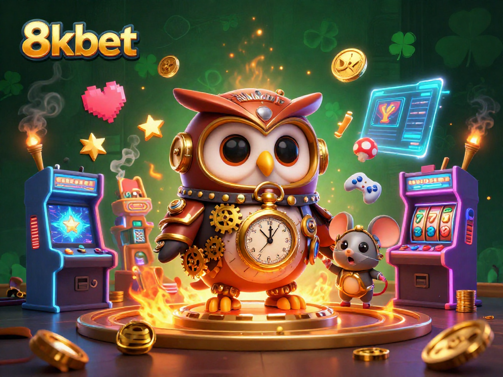 Experience excitement at 8kbet with a vibrant casino scene featuring time-traveling owl and gaming elements.