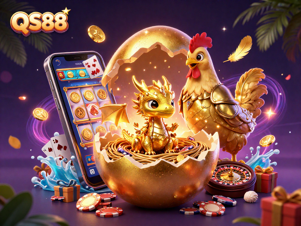 Engage in thrilling gambling experiences at QS88 with a golden dragon emerging from a nest of poker chips.