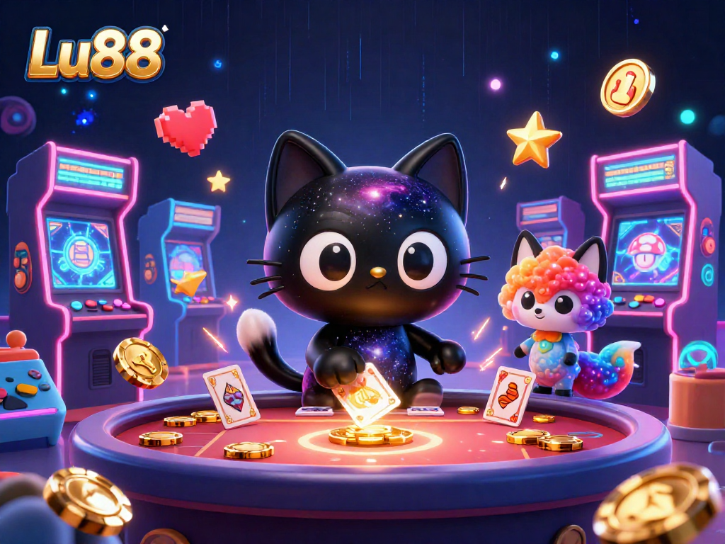 Experience the thrilling essence of Lu88 with a cosmic casino scene featuring a captivating black hole cat and vibrant elements.