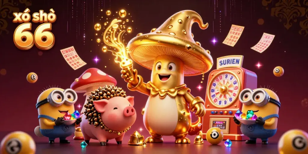xổ số 66 engaging players through a whimsical lottery-themed scene with magical characters and sparkling elements.
