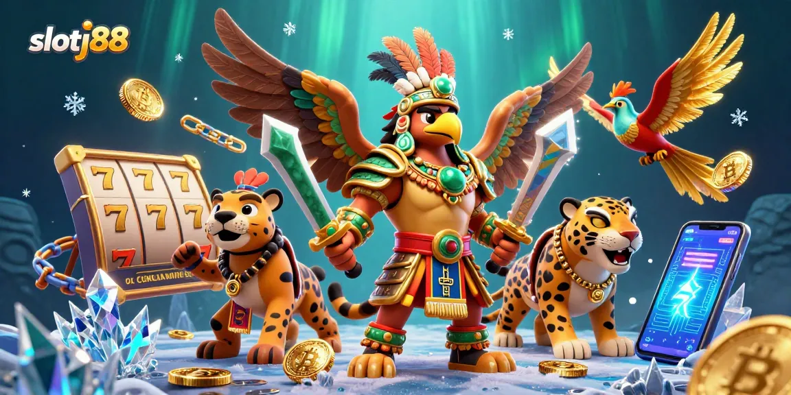 Join exciting slotj88 adventures with vibrant Aztec warriors amidst digital cryptocurrencies.