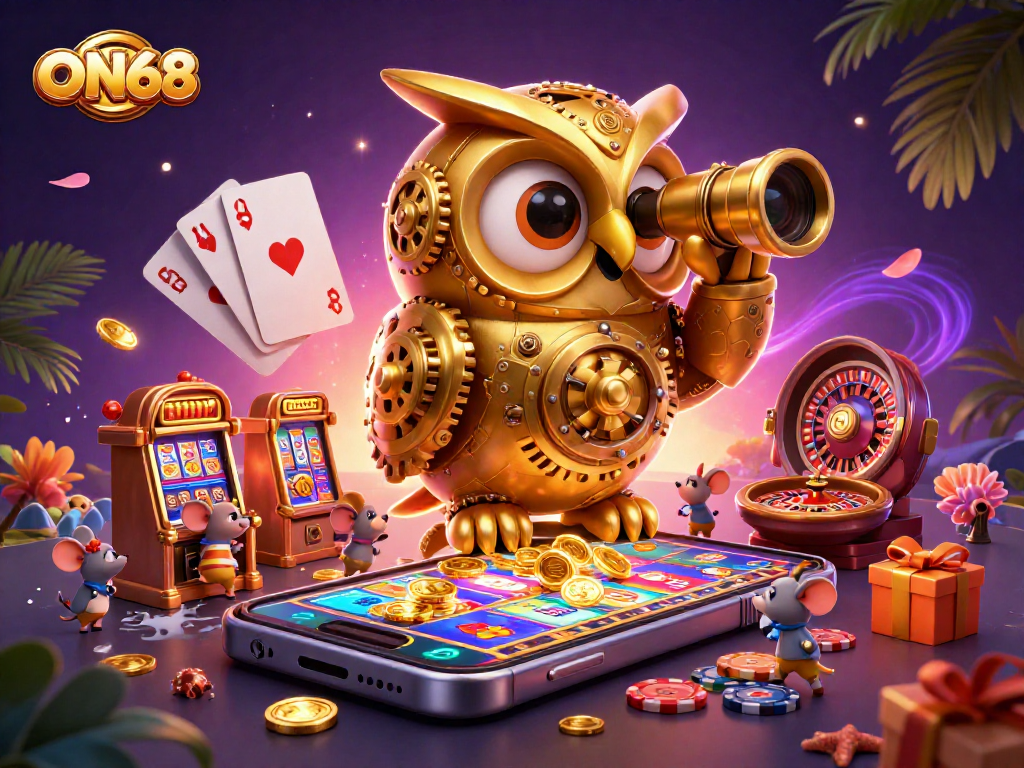 Experience thrilling casino action with ON68 as tiny mice patrons engage between dynamic brass slot machines.