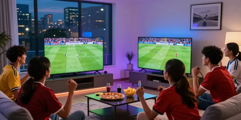 Xoilactv sports viewing party in a lively urban apartment with friends celebrating a goal.
