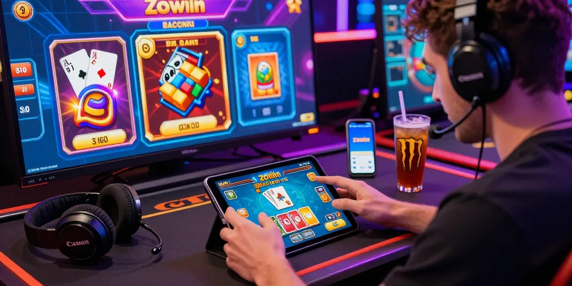 Player enjoying Zowin online card games in a vibrant, neon-lit gaming environment.