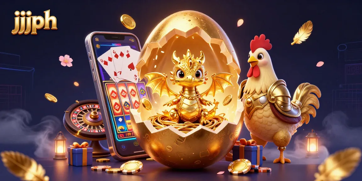 Enjoy exciting gaming with jjjph, showcasing a golden dragon, poker chips, and thrilling slot gameplay.