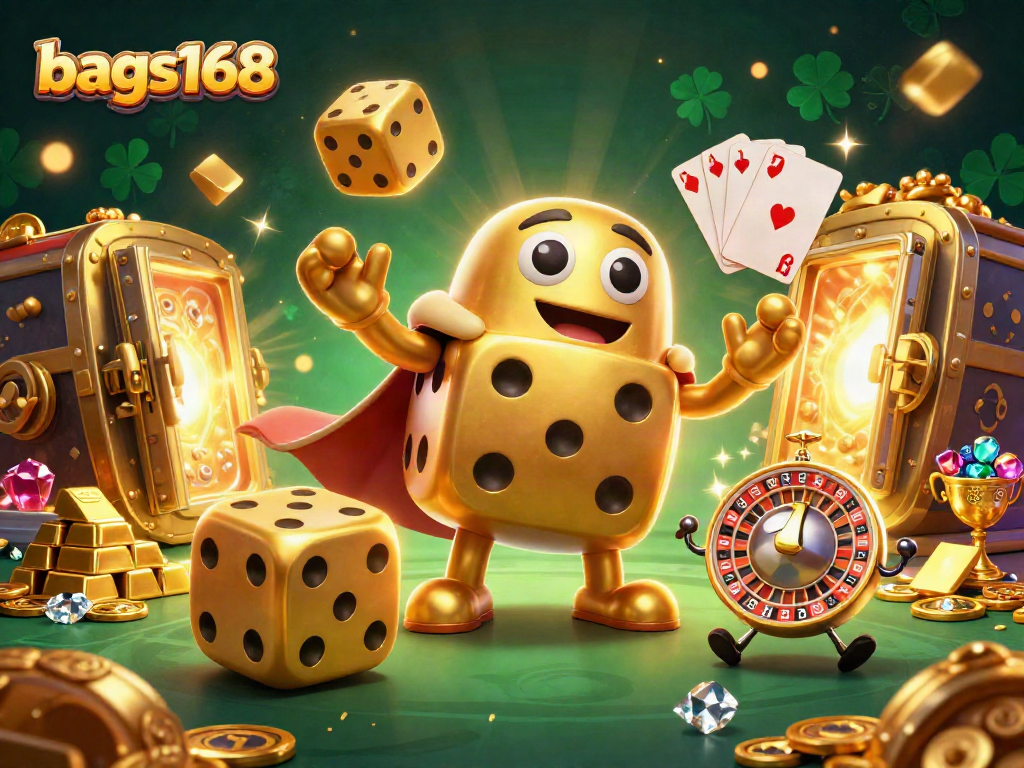 Bags168 showcases an energetic casino scene with a golden dice golem juggling smaller dice, surrounded by treasure elements.