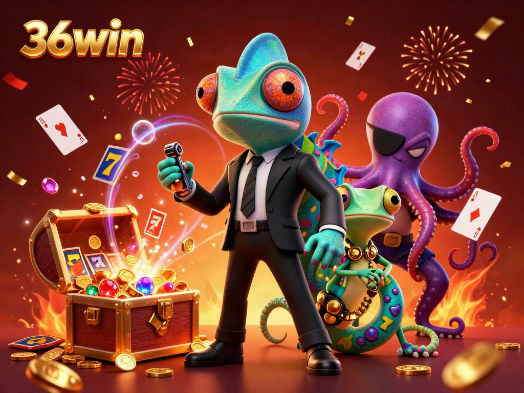 Engage with exciting slot reels and treasure as 36win's characters celebrate wins in a bright scene.