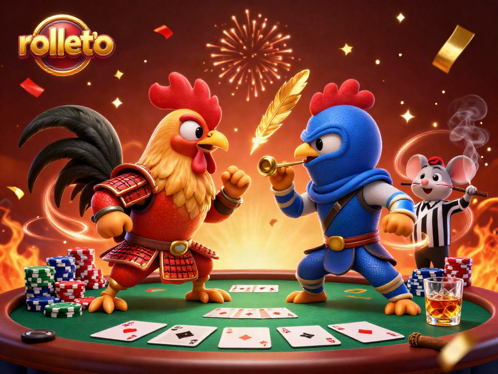 Experience the thrill of rolletto poker action with epic roosters and vibrant casino elements.