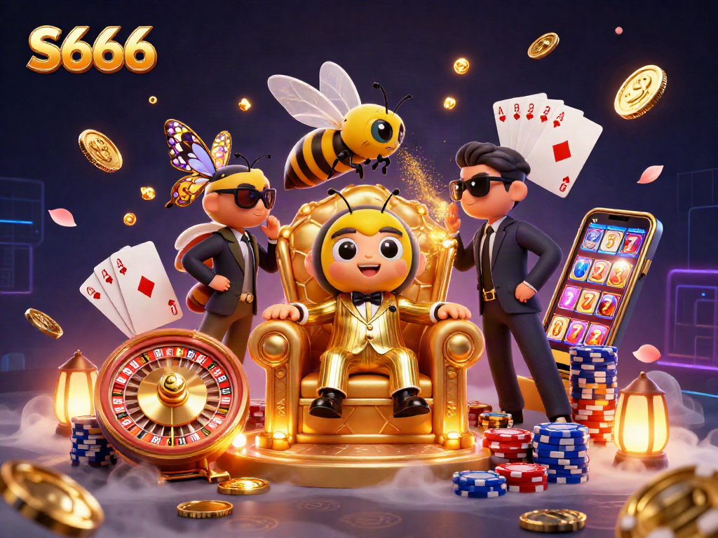 S666 showcases a lively casino scene with a bumblebee mob boss managing thrilling games, surrounded by vibrant action and rich details.