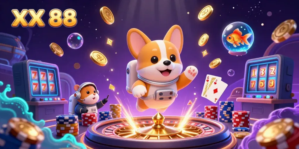 Play thrilling games at XX 88 with a vibrant floating casino scene, featuring unique characters and casino elements.