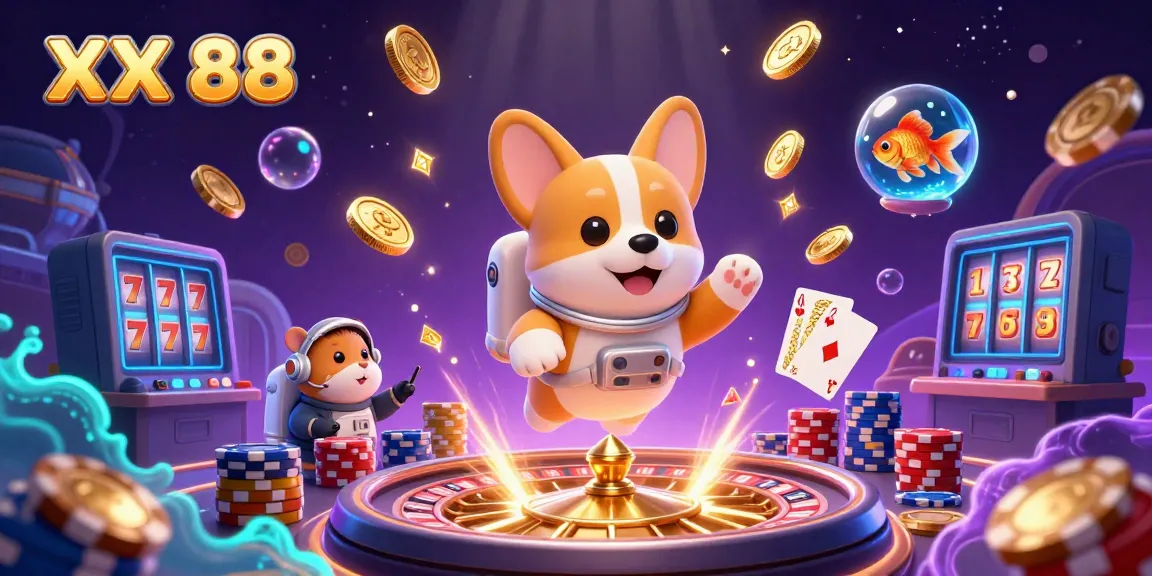 Play thrilling games at XX 88 with a vibrant floating casino scene, featuring unique characters and casino elements.
