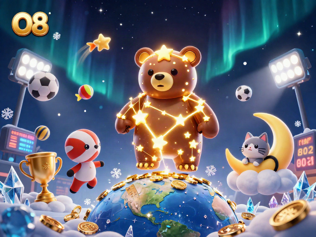 Engage in thrilling gaming with the O8 constellation bear scooping coins in a rich 3D digital illustration.