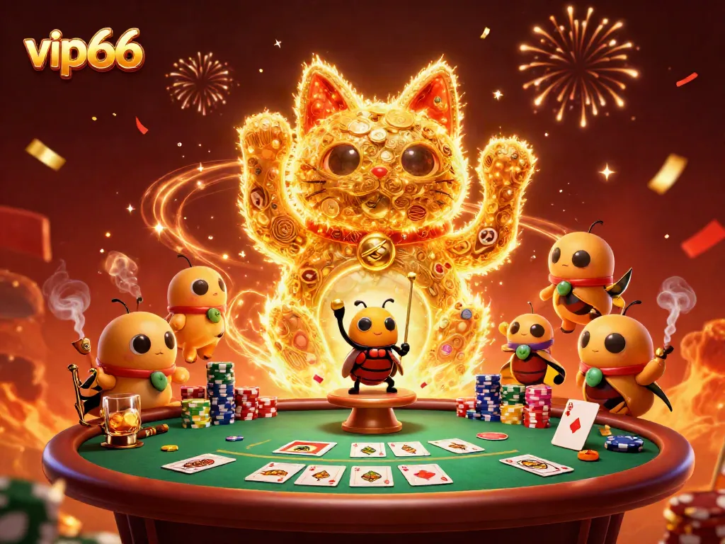 Experience the thrilling atmosphere of vip66 with dynamic casino symbols and a lucky cat in 3D illustration.