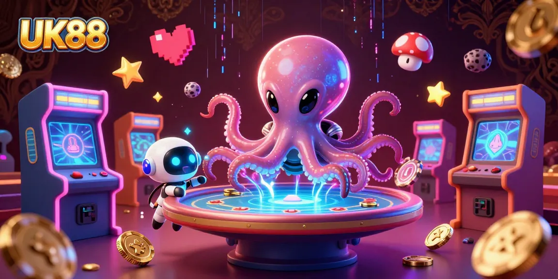Engage in thrilling gaming with UK88, featuring a playful alien octopus and holographic poker fun.
