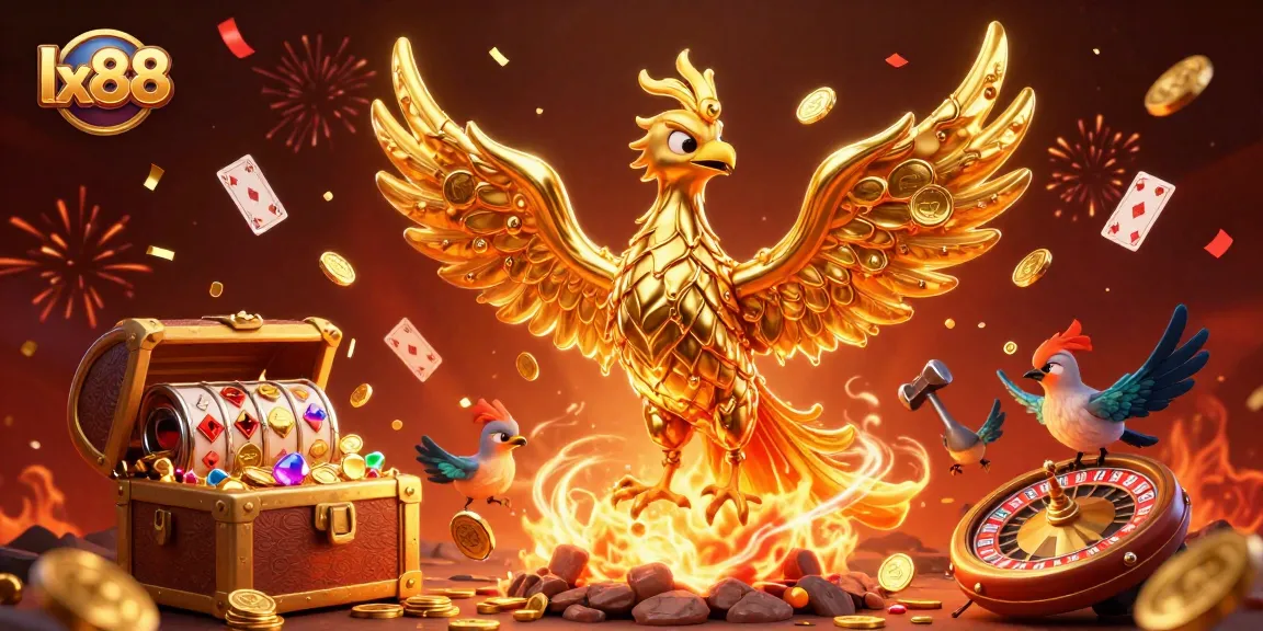 Experience top-tier gaming excitement with lx88's golden phoenix amidst dazzling casino elements.