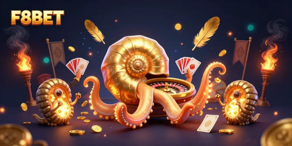F8BET characters engaging in casino action with a giant nautilus roulette wheel