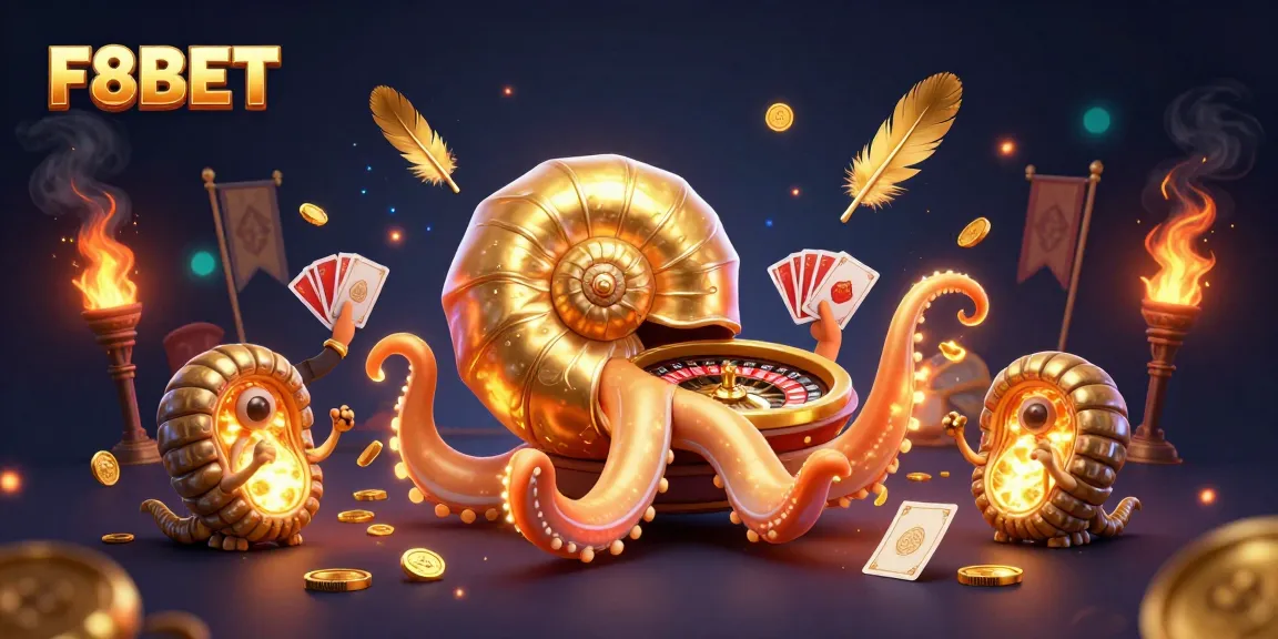 F8BET characters engaging in casino action with a giant nautilus roulette wheel