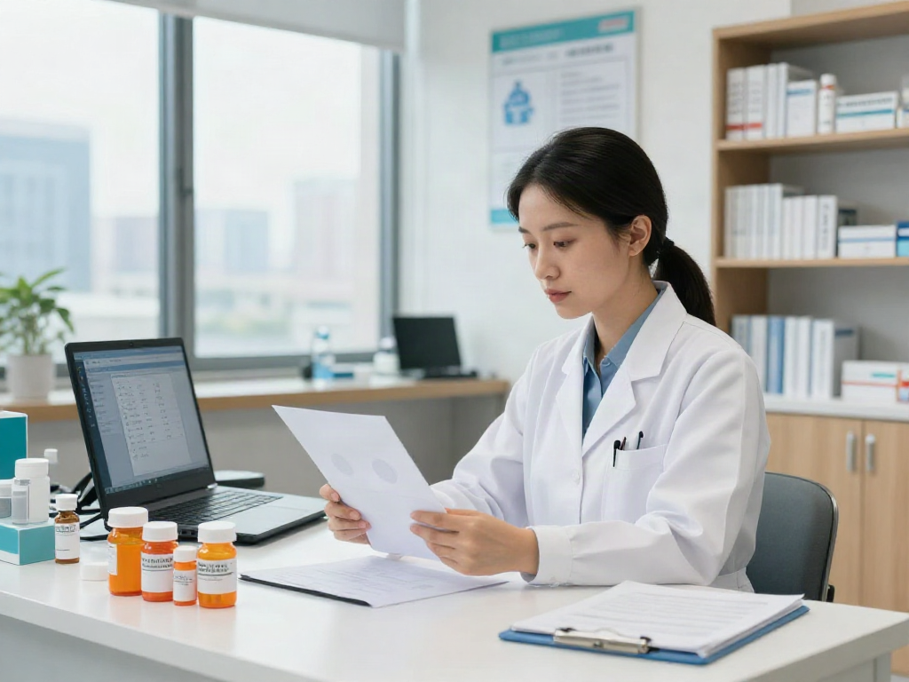Pharmacist using Uae pharmapedia on a tablet in a modern workspace.