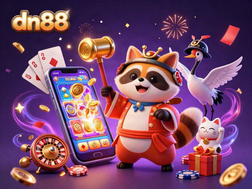 Engage with the exciting dn88 slots experience, enriched by a cheerful tanuki and vibrant casino elements.