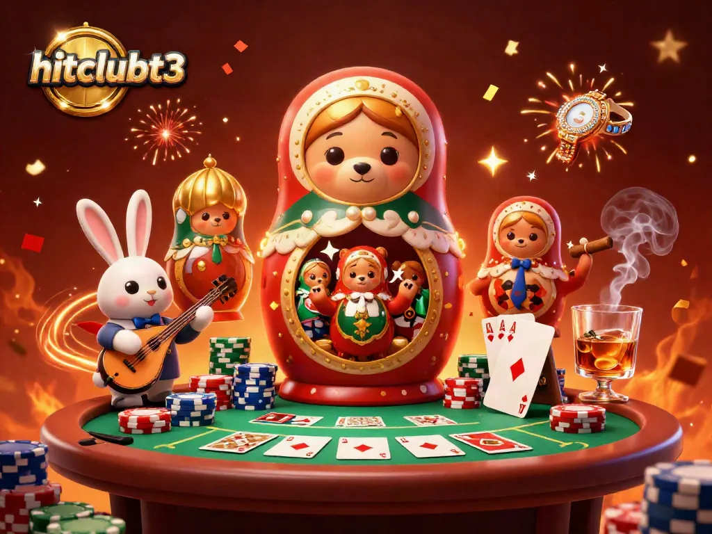 Cruise through the vibrant realm of hitclubt3, where a charming Matryoshka bear and casino scene celebrate gaming excitement.