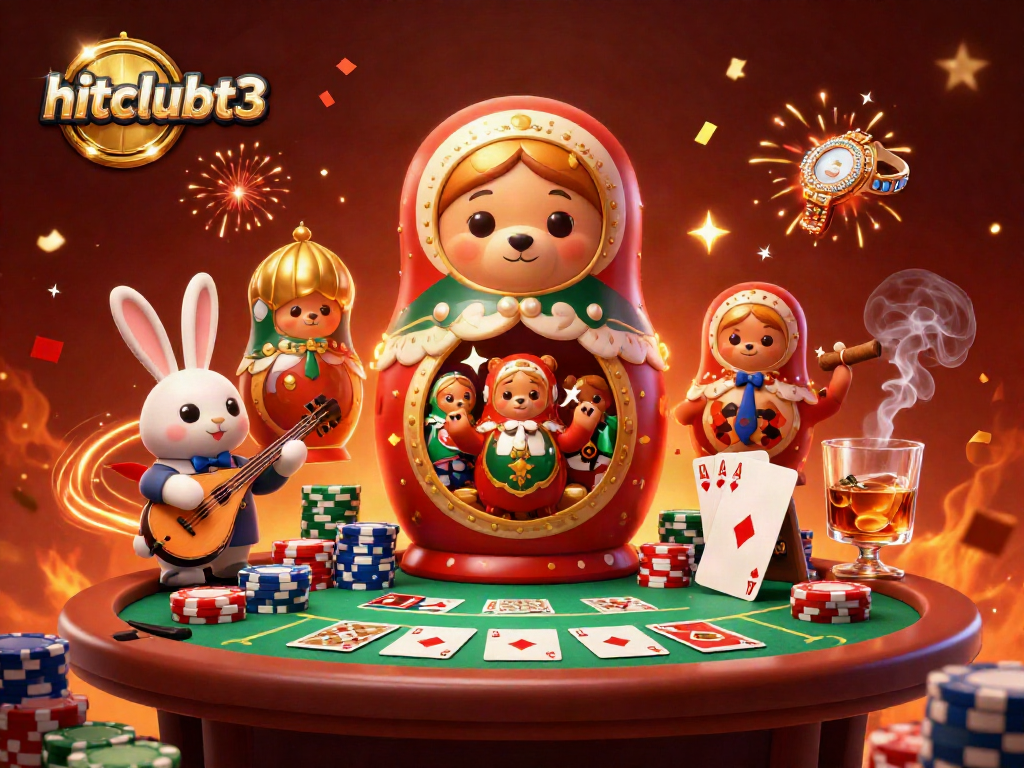 Cruise through the vibrant realm of hitclubt3, where a charming Matryoshka bear and casino scene celebrate gaming excitement.
