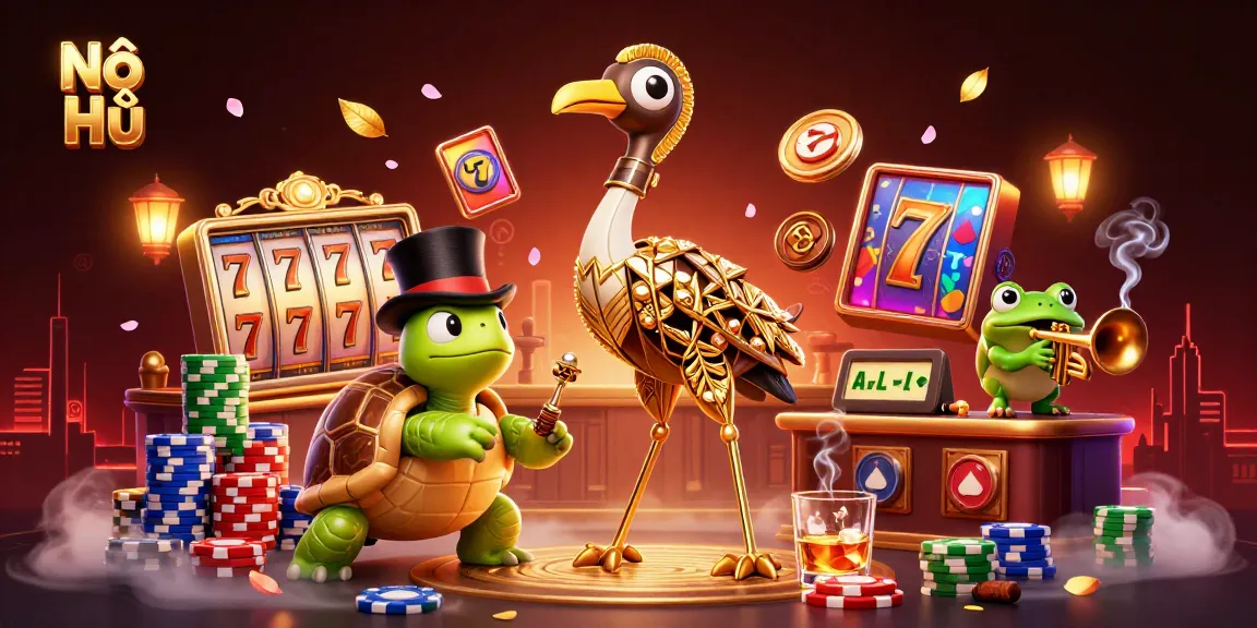 Nổ Hũ captures the excitement of a casino scene, featuring a colorful 3D cartoon crane, turtle, and frog immersed in jackpot action.