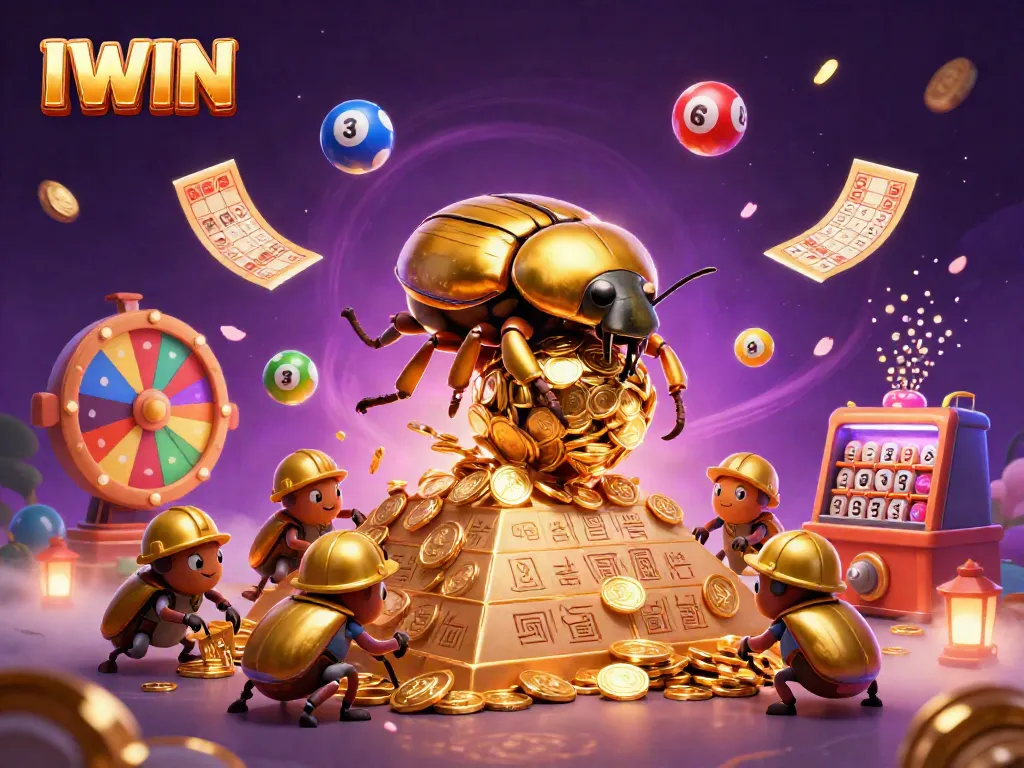 IWIN engages players with a 3D lottery scene, featuring golden beetles and vibrant bouncing balls.