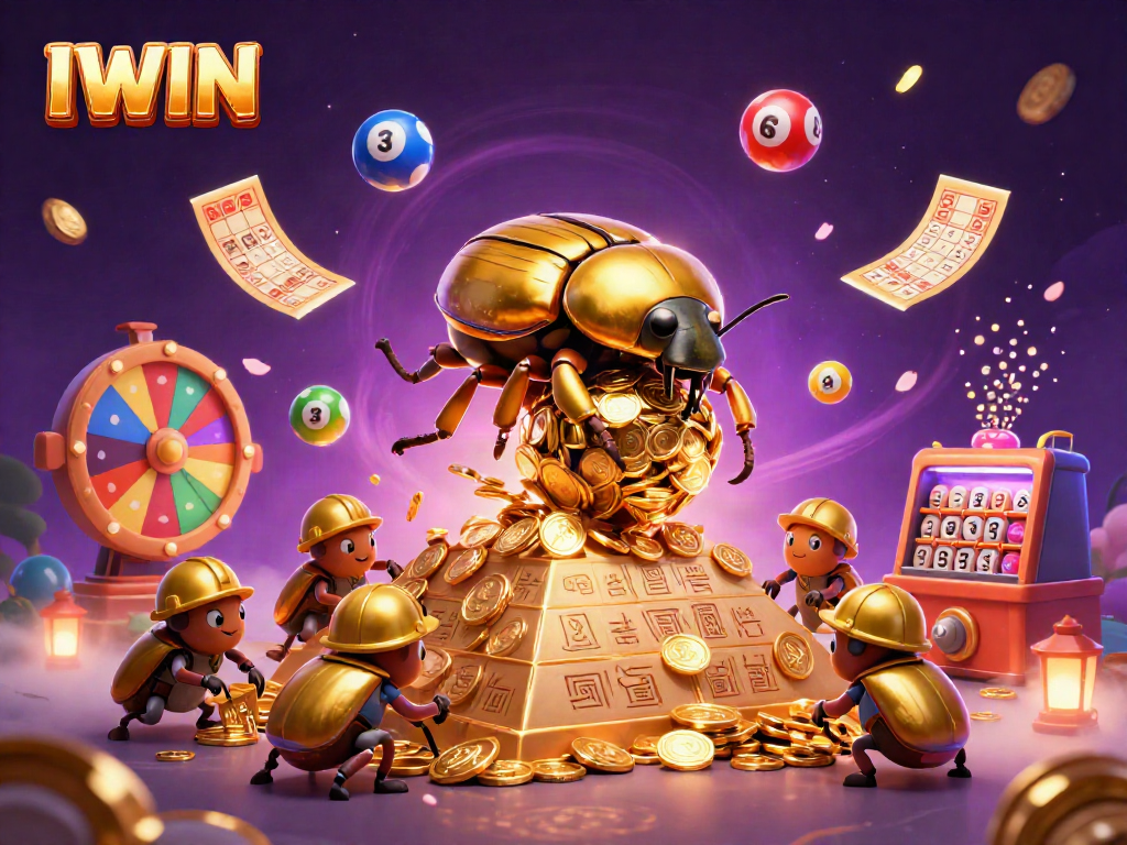 IWIN engages players with a 3D lottery scene, featuring golden beetles and vibrant bouncing balls.