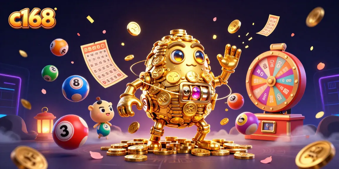 Experience casino thrills with c168's vibrant golden golem amid exciting lottery elements.