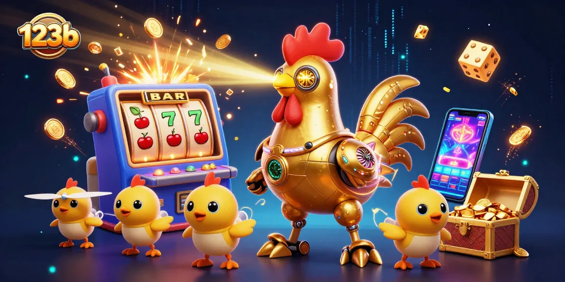 Experience the excitement of 123b with vibrant slot machines and an animated golden rooster.