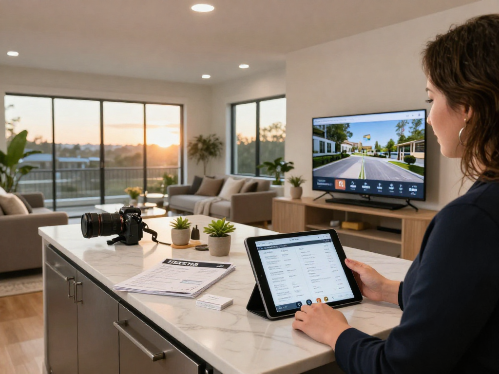 IDXSTAR property tour with real estate agent in modern kitchen showcasing high-end design and technology features.