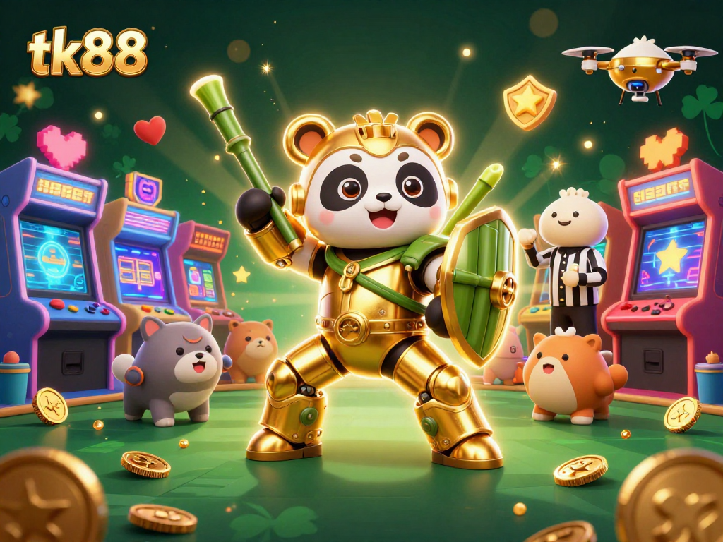 Engage in exciting gameplay at tk88, featuring a dynamic casino scene with cheerful characters and vibrant game elements.