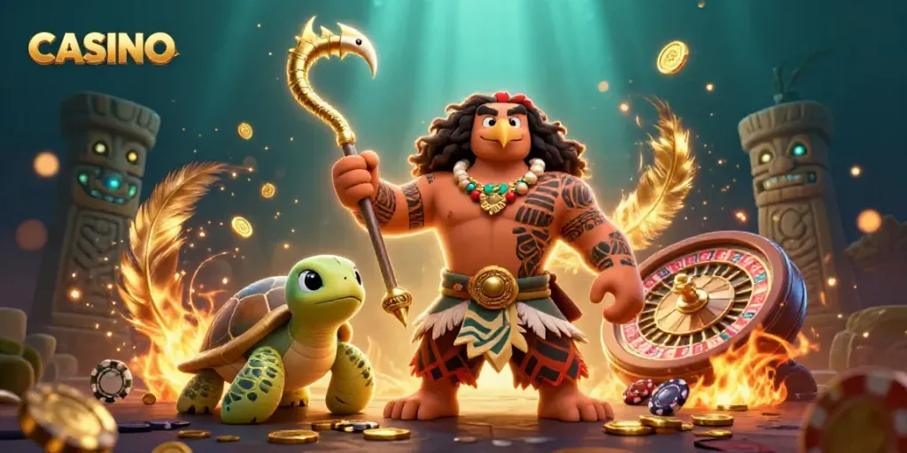 Engaging CASINO scene with cartoon demigod, turtle, and roulette elements amidst vibrant effects.