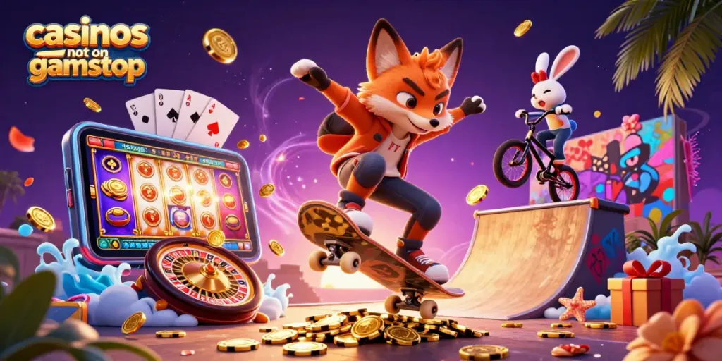 Engaging 3D scene of a skateboarder fox and BMX rabbit celebrating casinos not on gamstop with vibrant symbols and slots.
