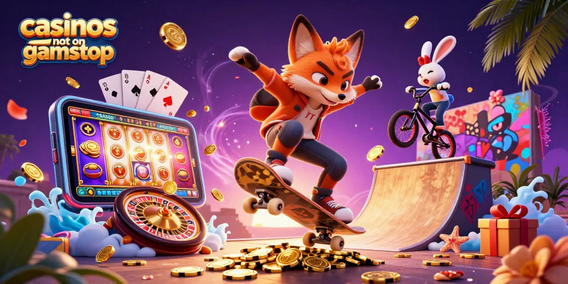 Engaging 3D scene of a skateboarder fox and BMX rabbit celebrating casinos not on gamstop with vibrant symbols and slots.