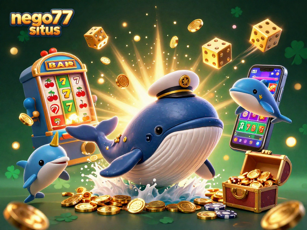 Engage with the thrilling nego77 situs experience featuring vibrant slot machine action and playful sea creatures.