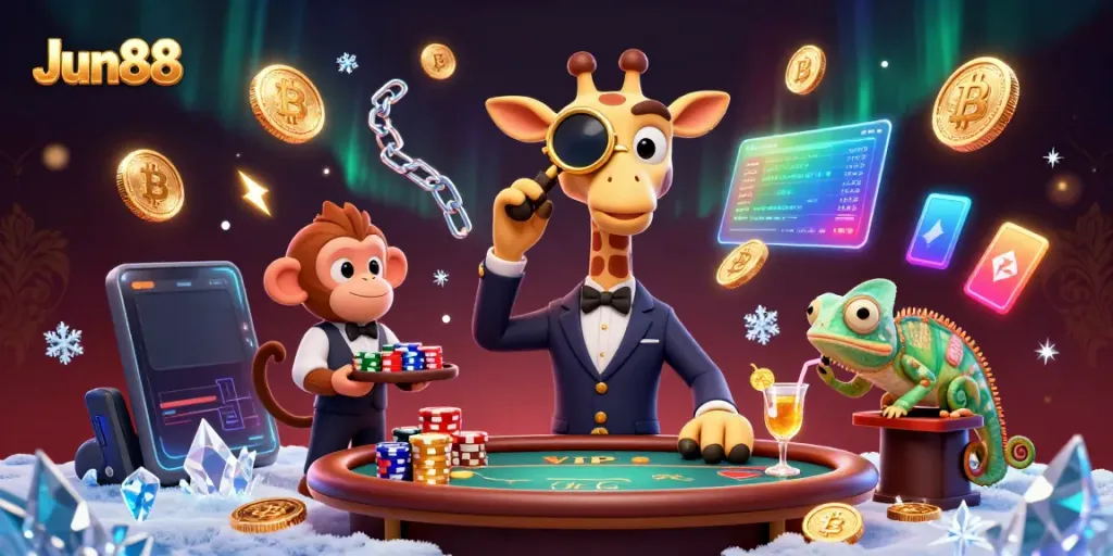 Experience vibrant gameplay at Jun88 with a high-roller giraffe, monkey valet, and chameleon bartender.