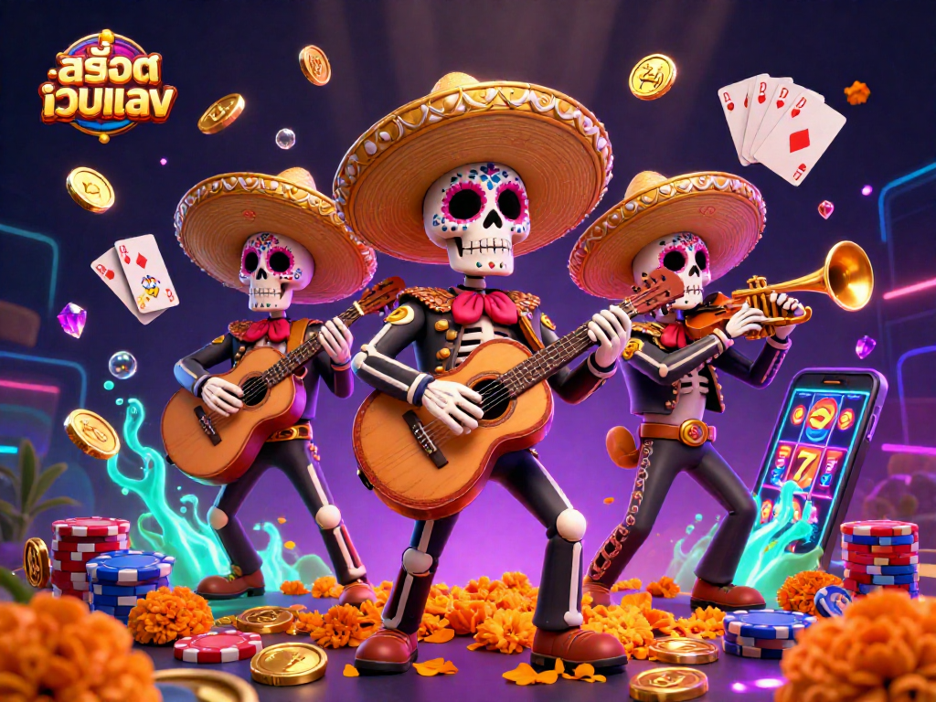 Engage with สล็อตเว็บตรง in a colorful 3D mariachi scene filled with vibrant casino symbols.