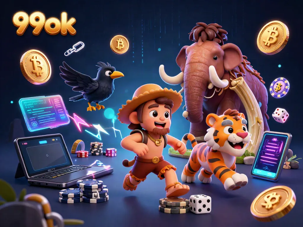 Engage in epic gameplay at 99ok's prehistoric casino with vibrant characters and digital elements.