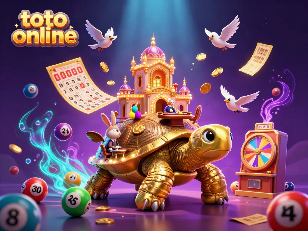Engage in toto online gaming with a whimsical scene of a tortoise casino and colorful lottery elements.