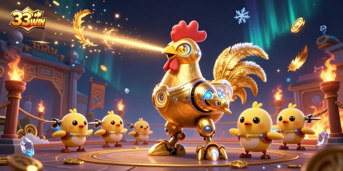 Experience winning excitement with 33WIN's golden rooster and chick drones in an action-packed 3D casino scene.