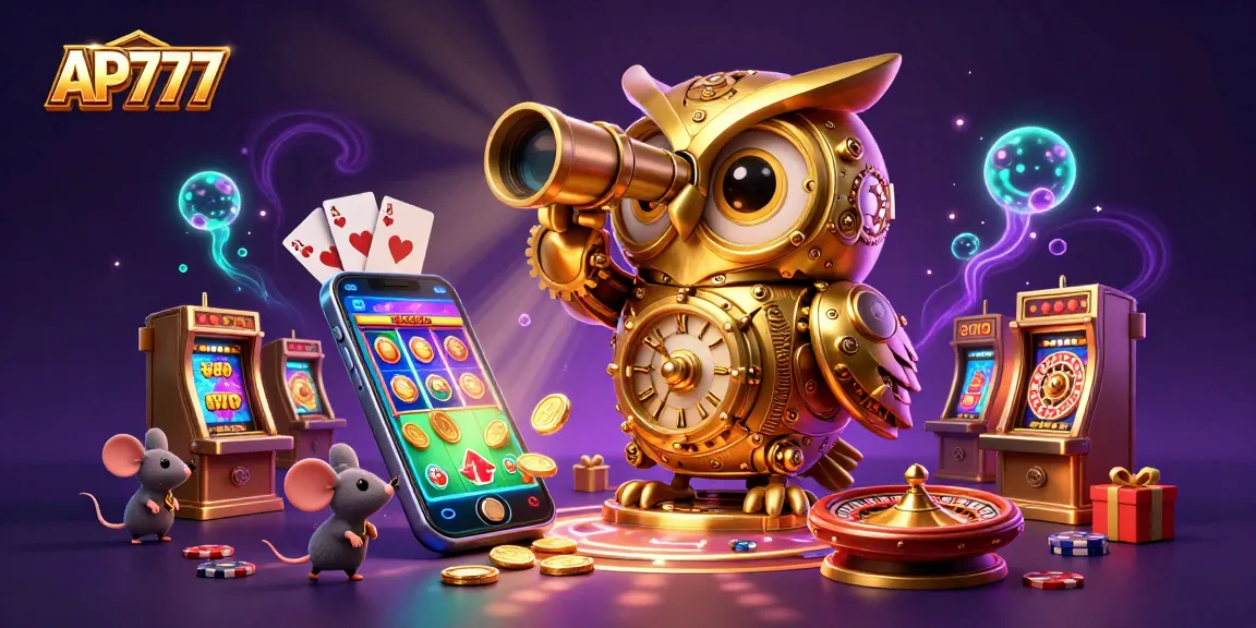 Spin to win with AP777 at a vibrant online casino scene featuring unique characters and gaming elements.